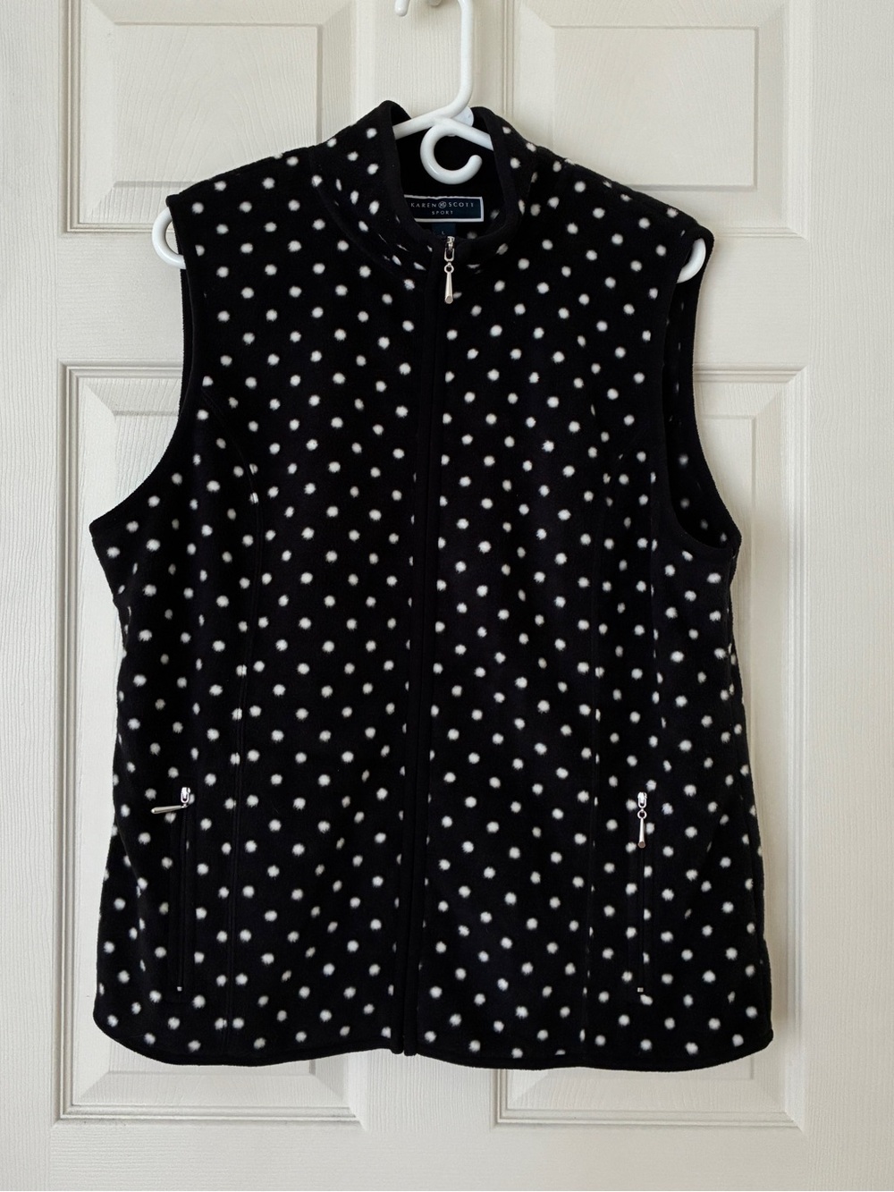 Karen Scott Fleece Vest Zip Front Black White Polka Dots Size Large
